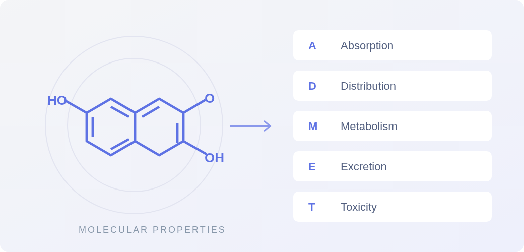 Conceptual illustration connecting a molecule to absorption, distribution, metabolism, excretion, and toxicity endpoints; no prediction values shown